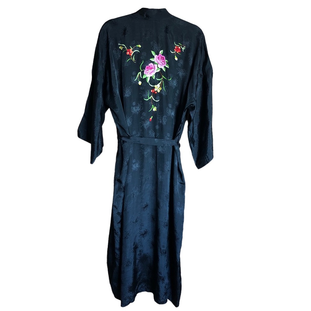 Golden Bee Vintage Floral Embroidered Black Rayon Robe Size Medium